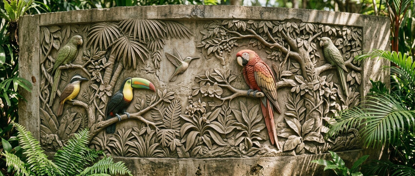 Tropical jungle stone carving with parrots toucans and hummingbird surrounded by lush foliage