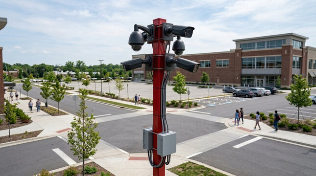 Outdoor surveillance camera pole with multiple CCTV cameras monitoring a modern business complex and parking lot