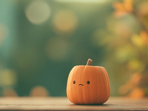 A cute, slightly lopsided pumpkin with bashful carved features sits against a dreamy, blurred autumn background, conveying a charming Halloween celebration.