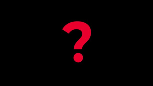 Red question mark animation, animated glowing query symbol overlay, pulsing problem solution motion graphic on black background