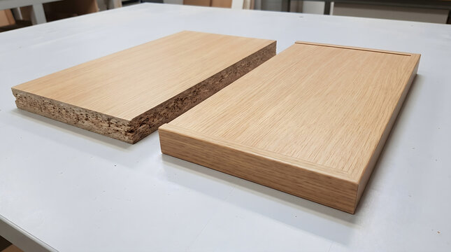 Professional carpentry process showing edgebanding on a wooden chipboard panel in a modern workshop