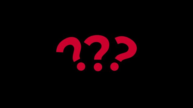 Three red question mark symbols animation, dynamic multiple query loop, modern FAQ mystery motion asset on black background