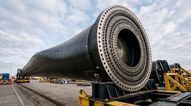 Root Flange Of Carbon Fiber Offshore Wind Turbine Blade On Transport Cradle