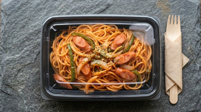 Delicious Spaghetti Pasta with Sliced Sausages Green Peppers and Tomato Sauce in Black Plastic Takeaway Food Container