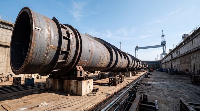 Cylindrical Floating Spar Wind Turbine Foundation Structure In Drydock