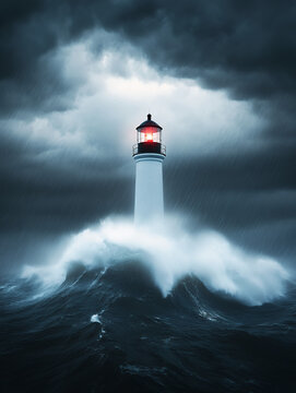 A lighthouse stands resilient against crashing waves during a storm, its light a beacon of hope amid dark skies