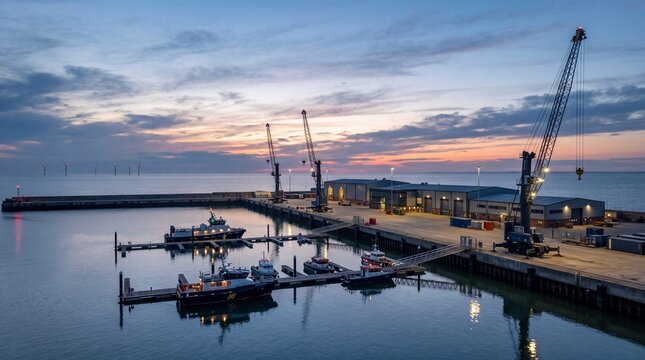Offshore Wind Operations And Maintenance Harbor Base At Dusk