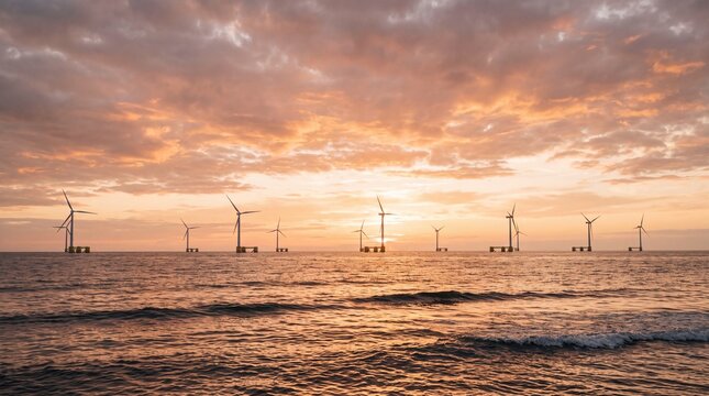 Deepwater Floating Wind Farm Array On Calm Ocean At Golden Hour