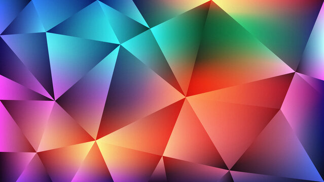 Abstract geometric background with a low-poly effect, featuring a vibrant rainbow gradient and a subtle textured overlay for modern design.