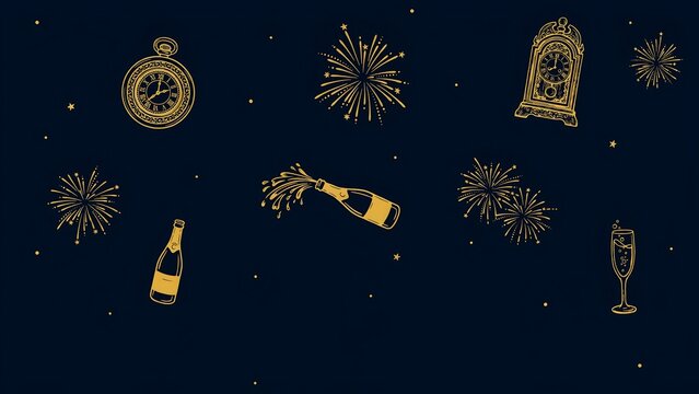 New year eve celebration with golden icons on dark blue