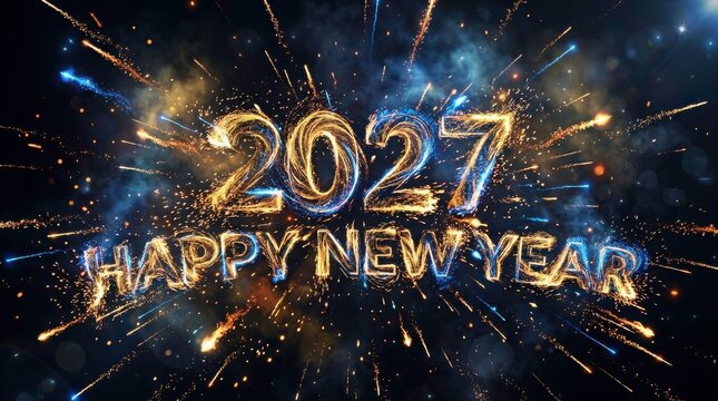 Explosive golden and blue fireworks forming 2027 shape with shimmering particles in dark atmosphere