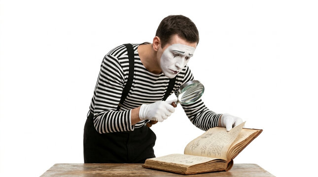 Mime Artist with Magnifying Glass Inspecting Old Book on White Background