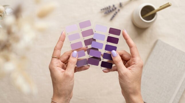 Woman Comparing Purple and Lavender Color Shade Samples for Creative Design and Color Palette Selection