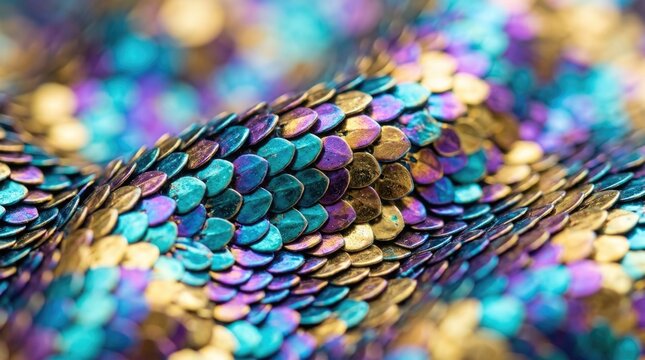 Abstract Macro Background of Overlapping Iridescent Metallic Scales in Vibrant Turquoise Purple and Gold Colors