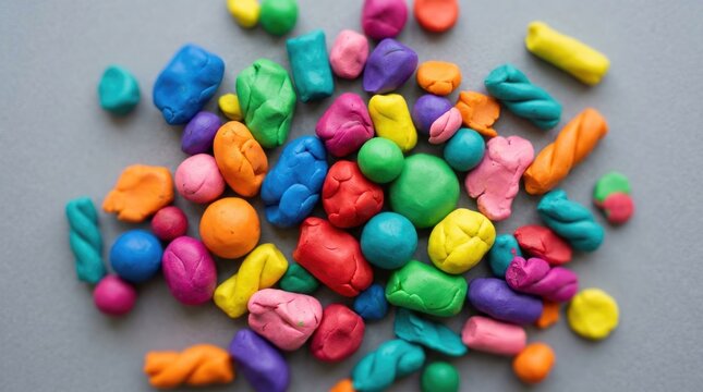 Colorful Pieces of Modeling Clay Scattered on Gray Background for Creative Children Art Activities
