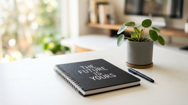 Black Notebook with The Future Is Yours Motivational Message on Bright Minimalist Workspace Desk with Green Plant