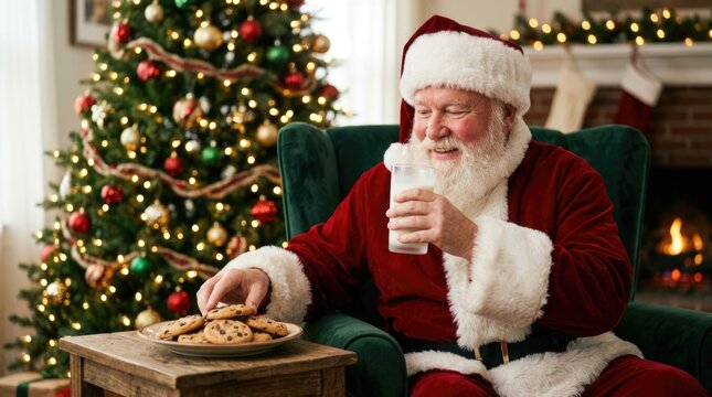 Cheerful Santa Claus Enjoying Christmas Cookies and Glass of Milk Beside Decorated Tree in Cozy Festive Living Room