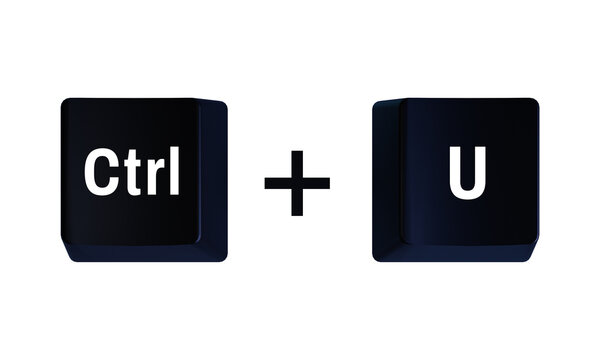 3D Ctrl U keyboard shortcut keys representing text underline command, computer editing workflow symbol isolated on transparent background for tutorials