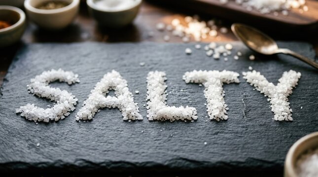 Word Salty Written with Coarse Sea Salt Crystals on Dark Slate Board with Rustic Kitchen Accessories