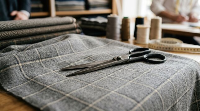 Professional Tailoring Scissors Resting on Gray Plaid Wool Fabric in Traditional Clothing Workshop with Sewing Supplies