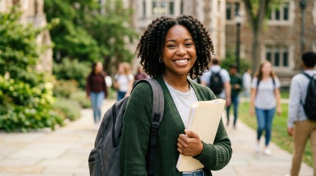 Confident Young African American Female College Student Smiling with Backpack and Study Folders on Green University Campus