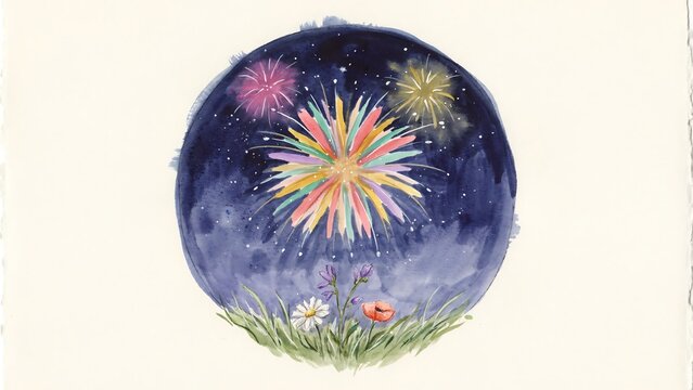 Watercolor of a colorful firework display in a night sky above a field of small flowers in a circular frame composition