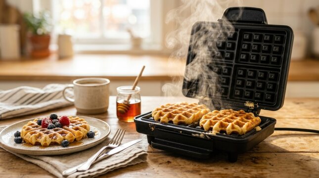 Freshly Baked Golden Waffles in Open Electric Waffle Maker with Steam Rising and Berry Breakfast on Wooden Table