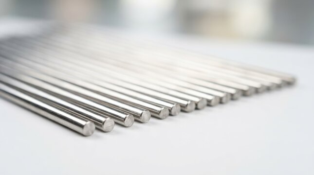 Closeup of Multiple Polished Stainless Steel Round Metal Rods Arranged in Parallel Rows on White Surface
