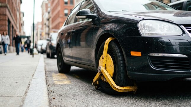 Black Car Parked on City Street with Yellow Wheel Clamp Attached for Parking Violation Enforcement
