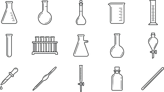 Set of laboratory glassware icons, including beakers, flasks, test tubes, and pipettes for scientific experiments