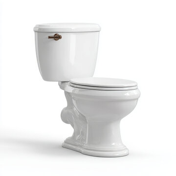 Modern white ceramic toilet bowl with lid isolated on white background for bathroom interior renovation and home plumbing improvement projects