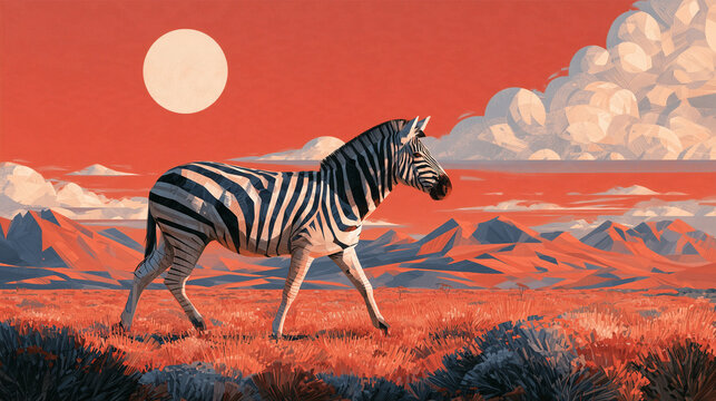 Stylized Zebra in Red Savanna Landscape Illustration