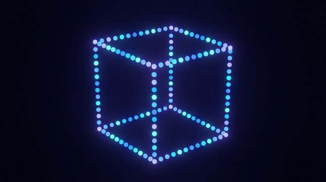 Blue Digital Dot Cube Frame with Glowing Geometric Edges, Precise Perspective, Open Wireframe Structure and Dark Futuristic Background