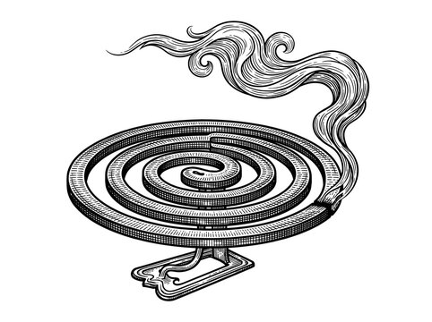 Mosquito repellent coil burning with rising smoke, vintage engraving style illustration isolated on white background for pest control and summer safety