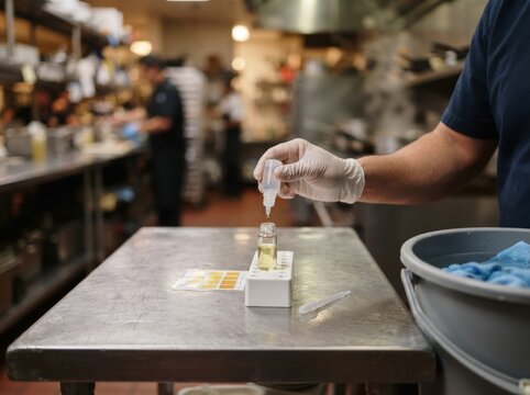 restaurant sanitizer concentration test closeup Person testing liquid with dropper in a professional kitchen setting.