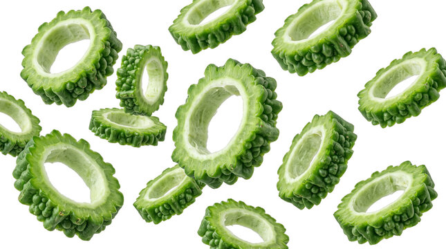 Bitter melon slices floating isolated on transparent background