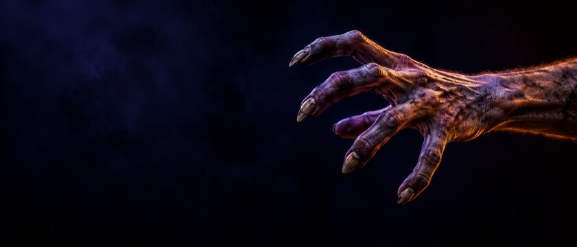 Clawed monster hand reaching from darkness. Horror and Halloween concept. Creature attack, danger and fear. Dramatic red and purple fantasy artwork with copy space. Banner format