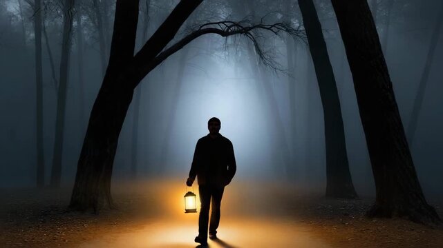 Person carries a lantern through a forest
