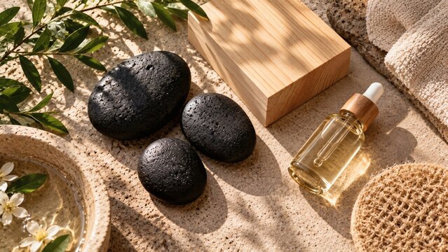 Wellness sanctuary flat lay with smooth black basalt stones, hinoki wood and essential oil drop