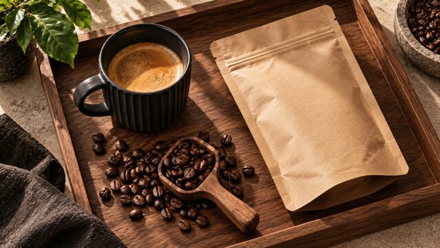 Specialty coffee brand mockup flat lay with matte black ceramic cup and unbleached kraft pouch