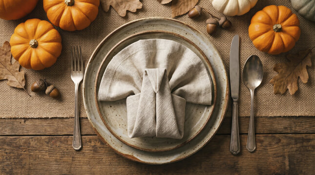 Turkey shaped folded napkin rests on ceramic plates surrounded by autumn pumpkins and cutlery. Linen textile origami creates festive dining decor alongside rustic tableware on burlap.