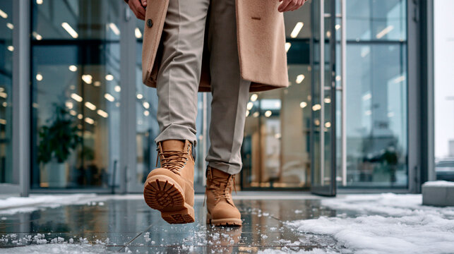 Person walking in winter boots on a wet icy pavement outside a modern office building with snow around the entrance