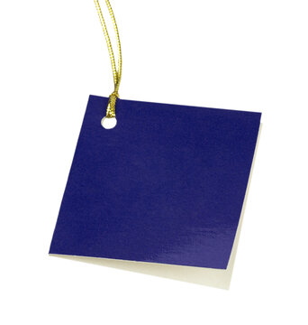Blank dark blue rectangular gift tag with gold string and hole, isolated against a white background for labeling, packaging, crafts, and seasonal presentation