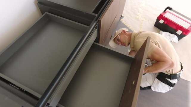 Overhead view of an installer aligning wide kitchen drawers