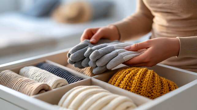Woman preparing a seasonal clothing drawer for her family, sorting gloves, thermal socks and knitted hats into fabric compartments, clean bedroom setting, hands-focused