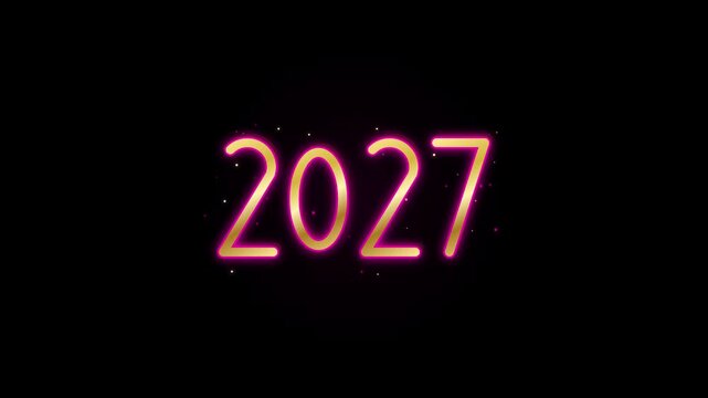 2027 New Year Gold 3D Numerals with Pulsating Multicolor Neon Glow and Festive Sparkles on Black Background 4K Loop