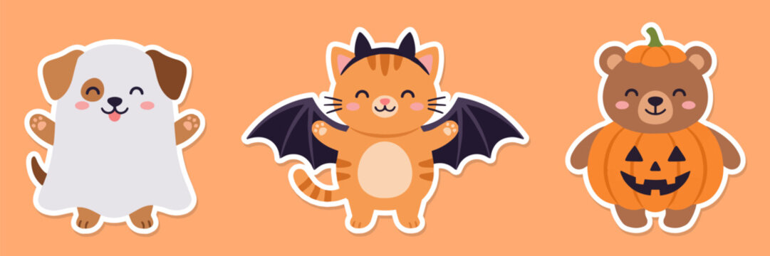 Cute Halloween animal sticker set. Funny dog, cat and bear in festive holiday costumes.