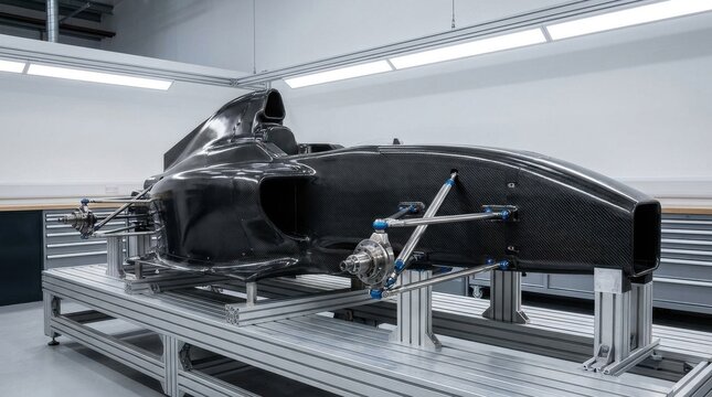 Carbon Fiber Racing Car Chassis on Aluminum Engineering Stand
