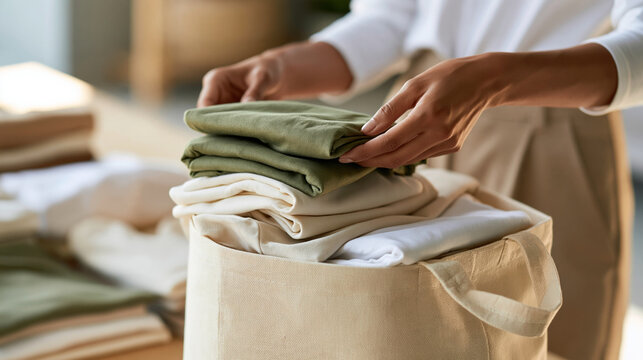 Close-up of hands placing clean folded clothing into a plain reusable fabric donation tote, neutral garments arranged on a table, no visible logos or readable text, charitable