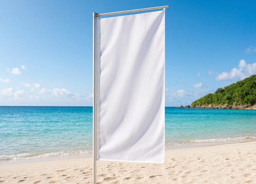 Blank white vertical advertising flag mockup standing on a sunny tropical beach